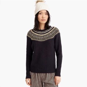 The Reeds Womens Navy Fair Isle Sweater Medium Gold Detail Cozy Knit Pullover